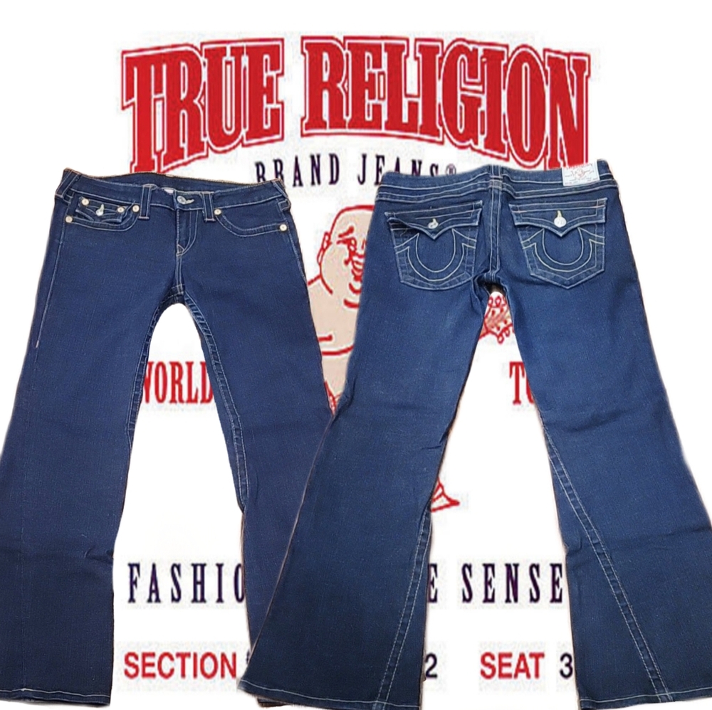 Sz31 True Religion Joey Big T Flare Jeans Yellow Stitch